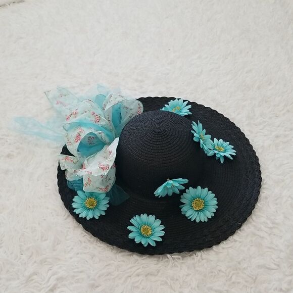 Vintage Straw Floral Derby Hat Sz OS - Picture 6 of 8